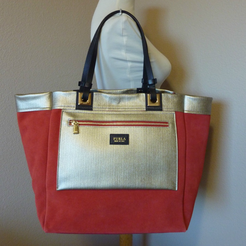 Furla Reversible Lipstick Red/Gold Furla And I Tribe Leather Tote Bag